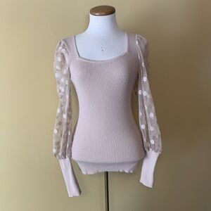 On Twelfth Whimsy Mesh Polka Dot Balloon Sleeves Ribbed Top Small Festival Boho